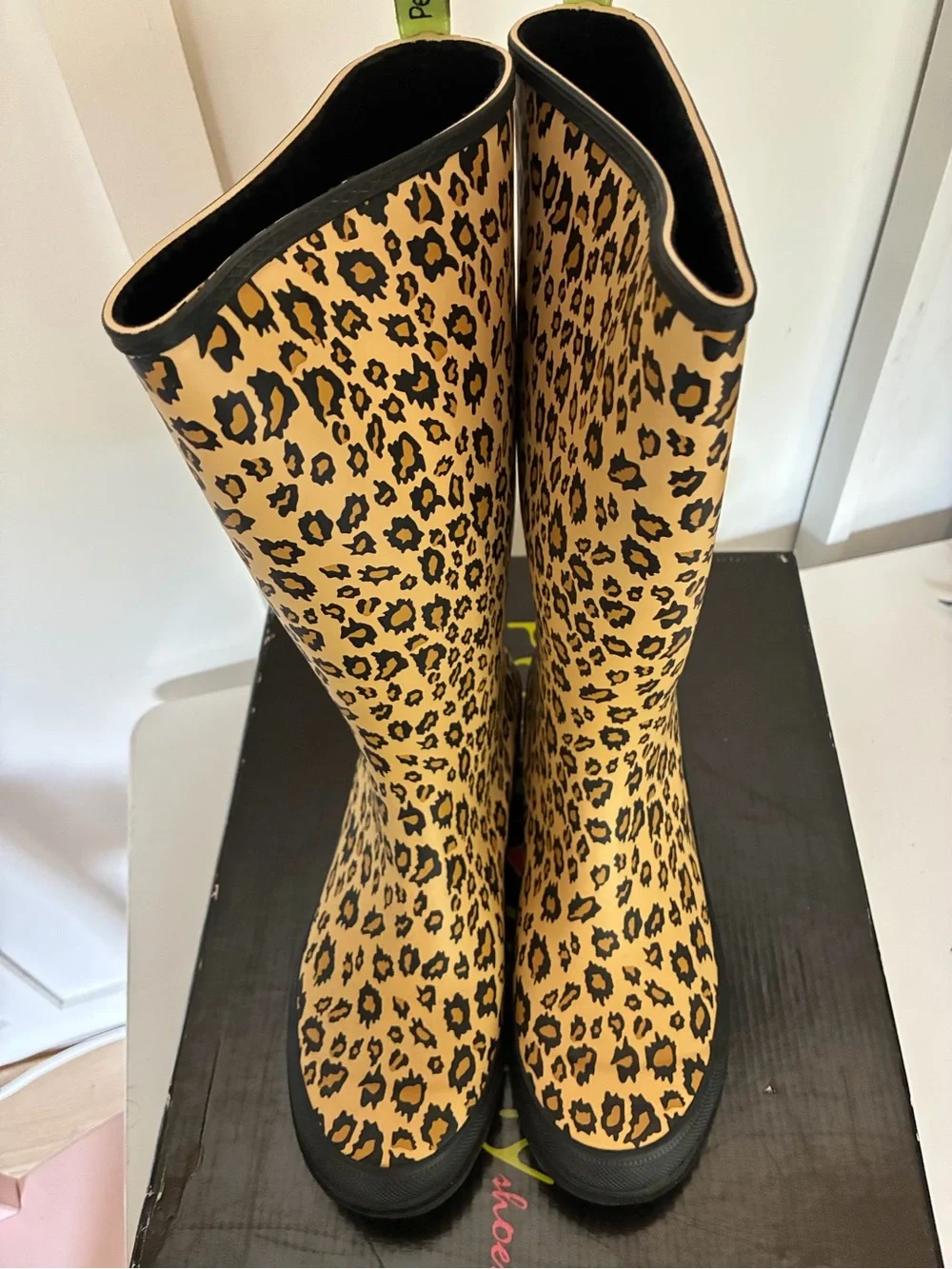 Penny Loves Kenny Leopard Print Tan and Black Rain Boots
